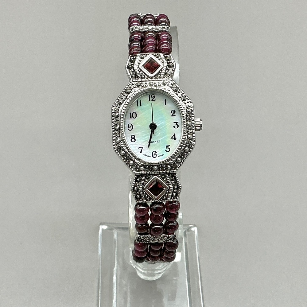 Avon Watch Womens MOP Burgundy Bead Red Stone Marcasite Style 8.25" NEW BATTERY